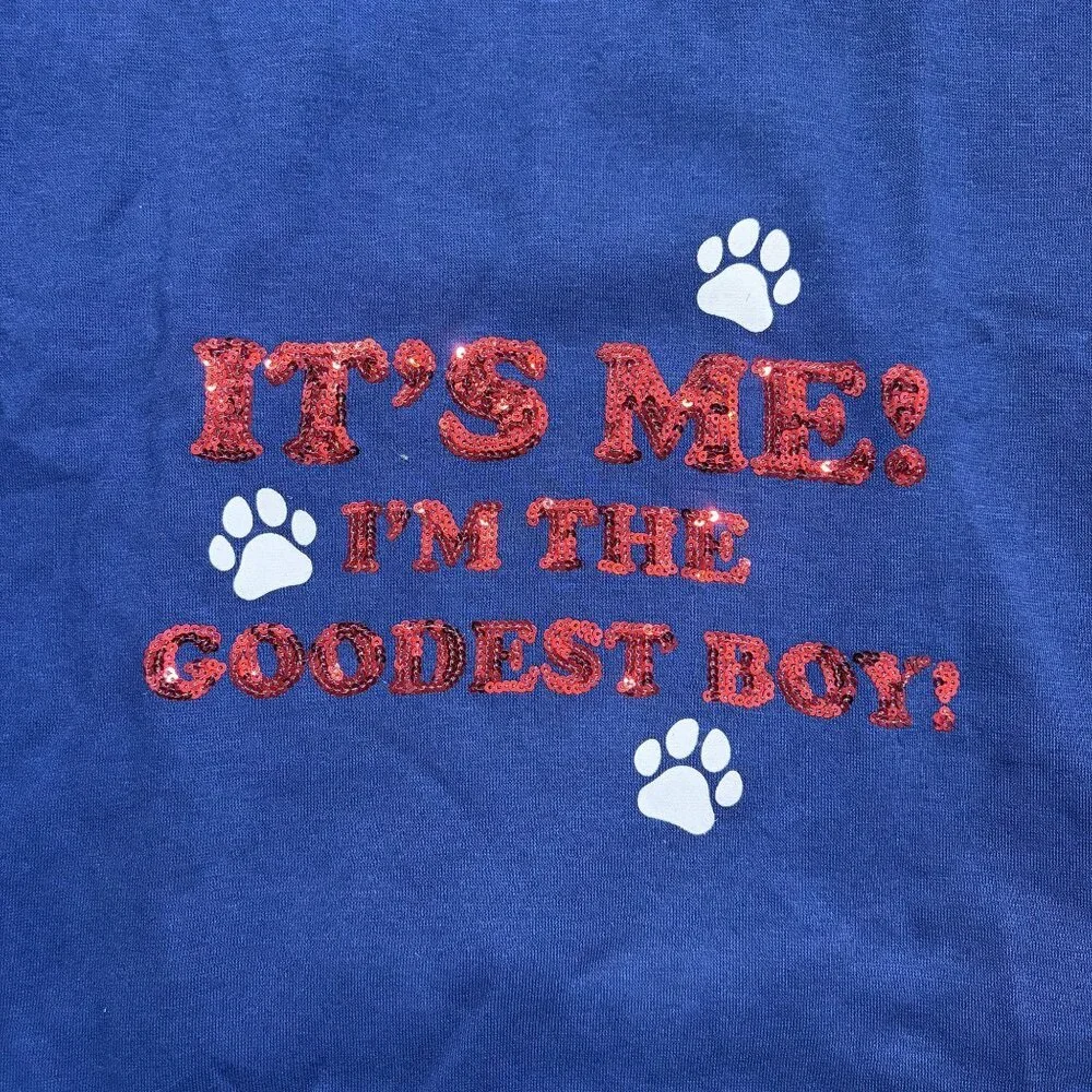 NEW Jolly Knits Navy Dog Hoodie XXL Its Me Im The Goodest Boy Red Sequin Print